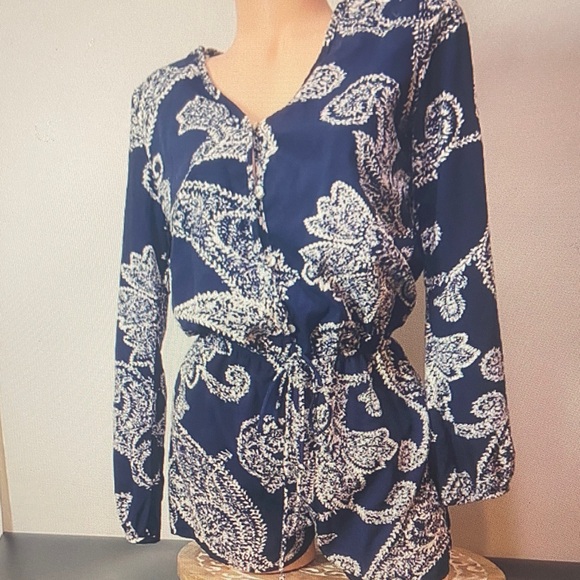 Honey Punch Navy and White Long Sleeve Romper - Picture 1 of 1